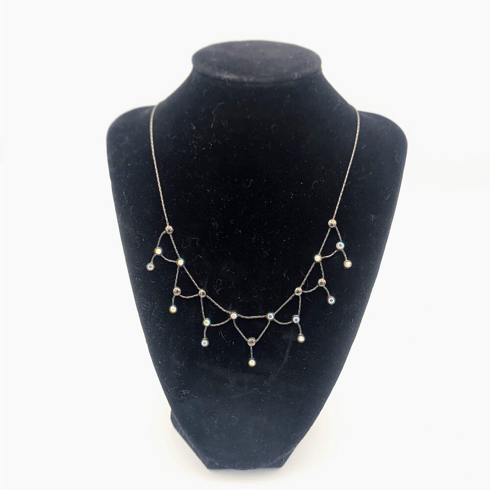 Y2K Lady Remington Black Wire Statement Necklace | Iridescent Glass Drops